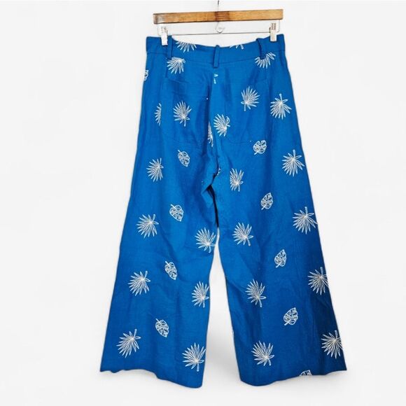 Zara Blue Embroidered Plants Wide Leg High Waist Cropped Linen Culottes Pants L - Picture 4 of 11